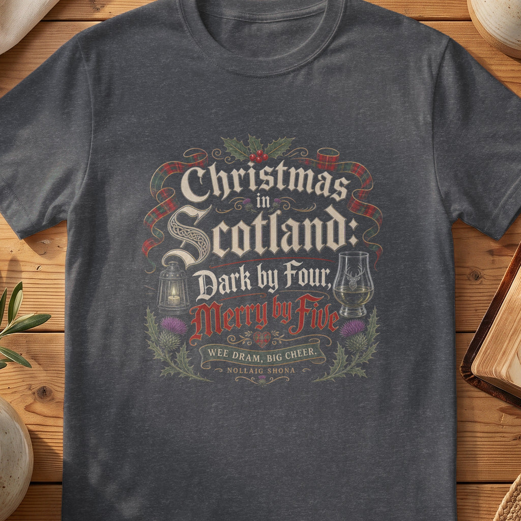 Dark grey Gildan 64000 unisex T-shirt flatlay with Dark by Four Merry by Five Scottish graphic design
