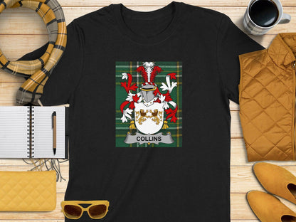 Collins Coat of Arms on Irish National Tartan T-Shirt - Celtic Ancestry Gifts