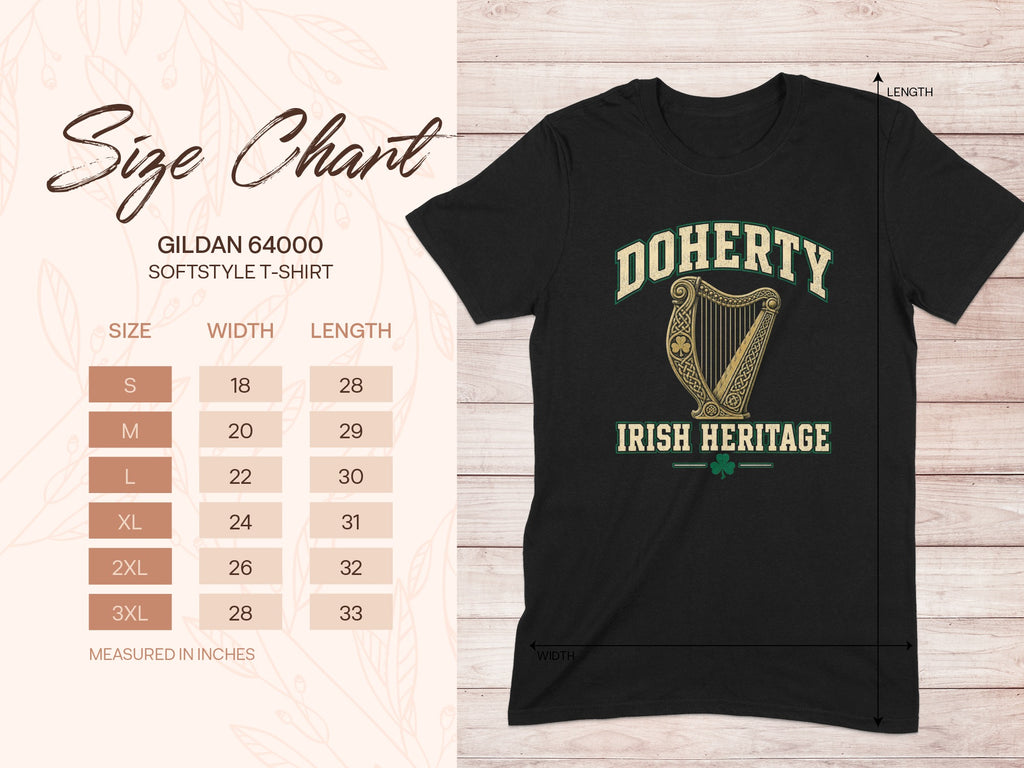 Doherty Irish Heritage T-shirt size chart for Gildan 64000 unisex fit