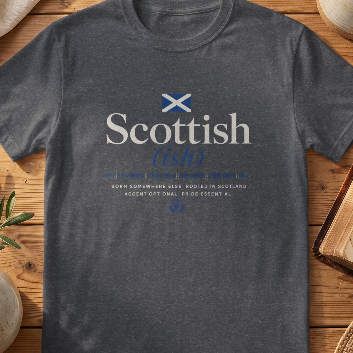 Dark grey Gildan 64000 unisex T-shirt flatlay with Scottish Ish Scottish graphic design