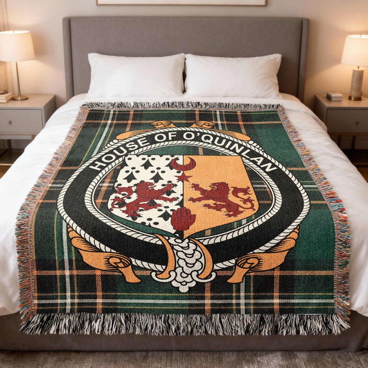O'Quinlan Irish National Tartan woven blanket with family crest emblem