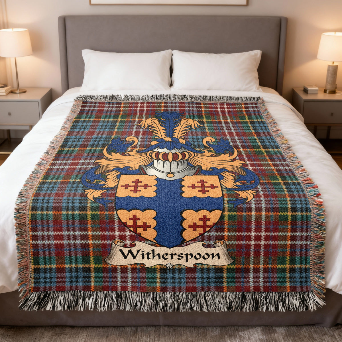 Witherspoon family crest emblem on a Caledonia tartan woven blanket