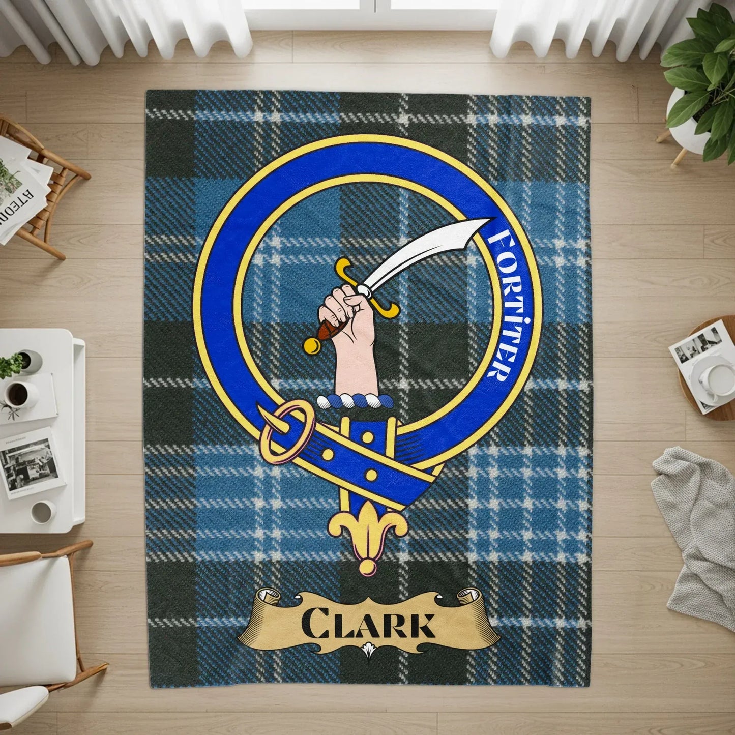 Fortiter Clark Family Crest on Blue Plaid Rug product