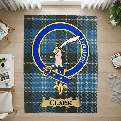 Fortiter Clark Family Crest on Blue Plaid Rug product