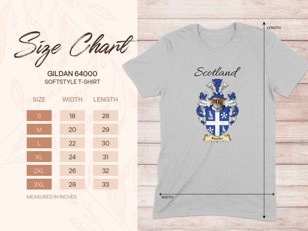 Gildan 64000 size chart for the Fowler unisex T-shirt, sizes S to 3XL