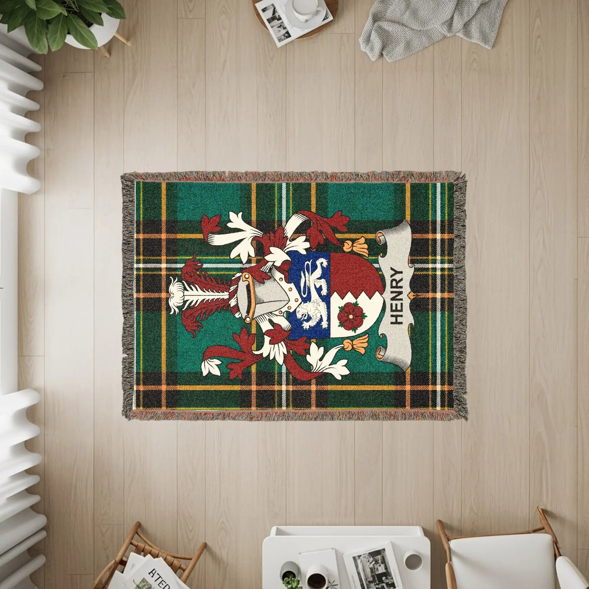 Green plaid tapestry with the Henry family crest and banner.