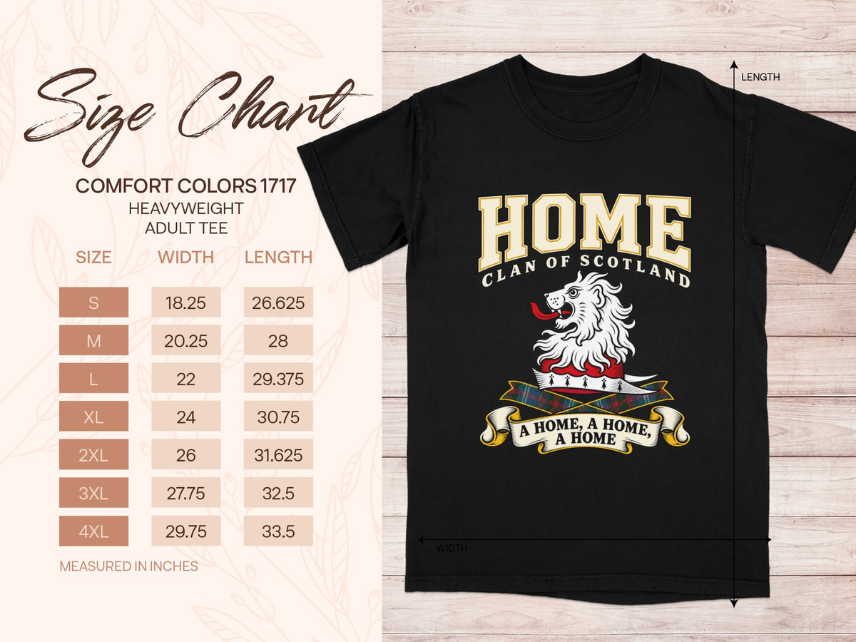 Home Comfort Colors 1717 T-shirt size chart with black shirt illustration