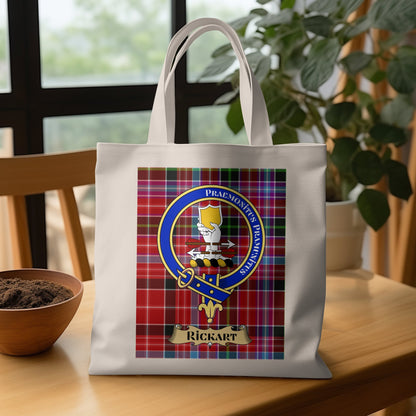 Scottish Clan Crest on Tartan Background Rickart Tote Bag - Living Stone Gifts