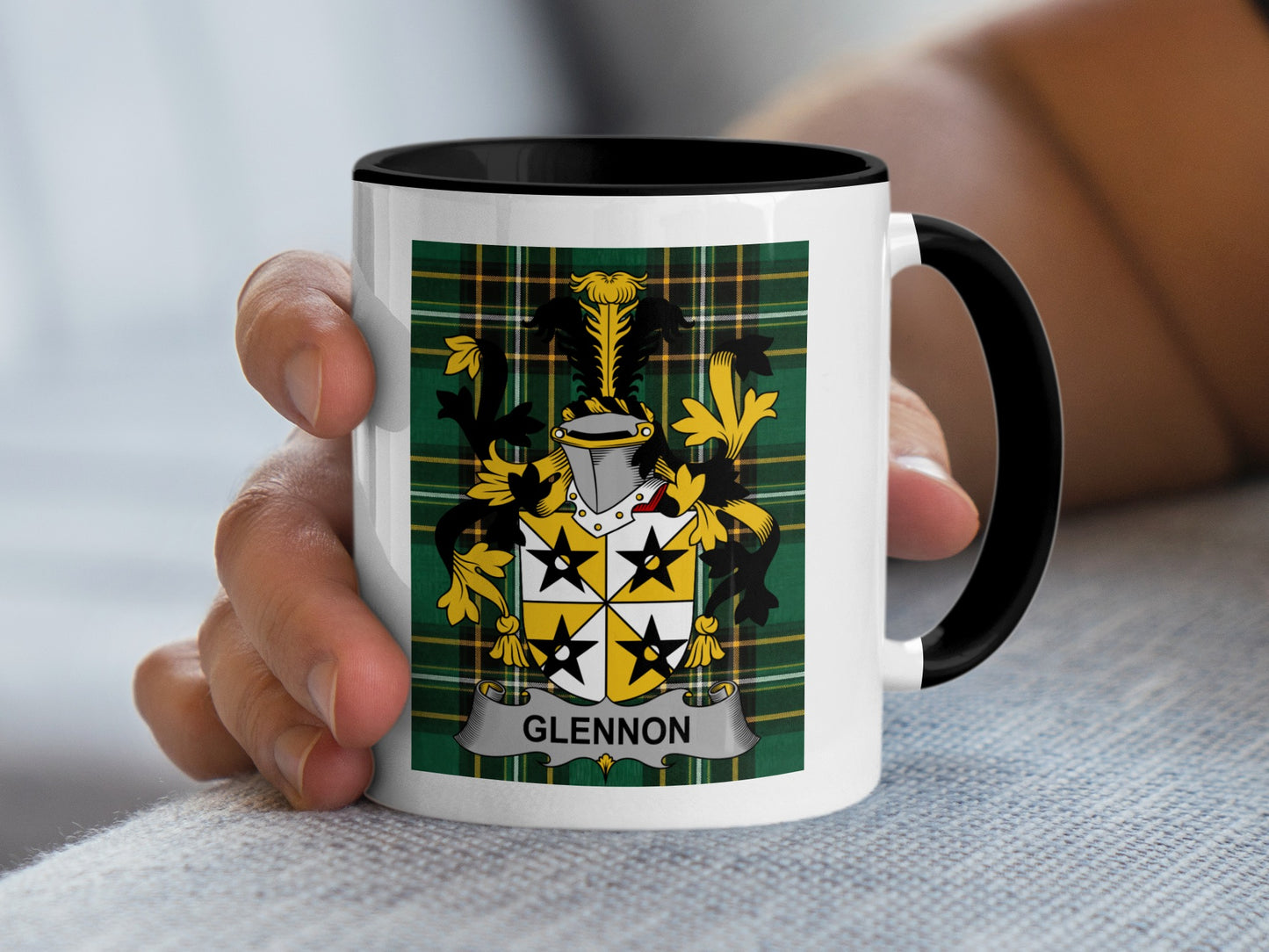 Mug with Glennon coat of arms on tartan pattern.