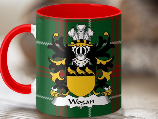 Wogan Welsh Surname Coat of Arms Tartan Background Mug - Living Stone Gifts