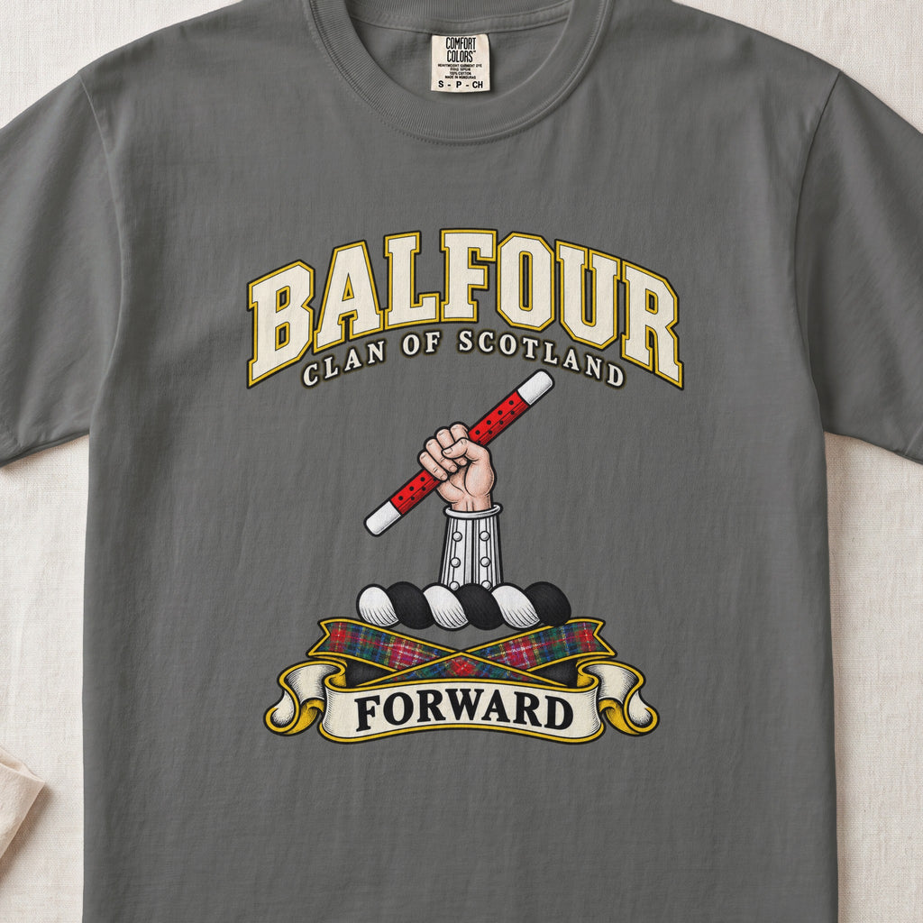 Balfour Scottish clan T-shirt in Pepper, front view with an armoured hand holding a red-and-white baton and motto design.
