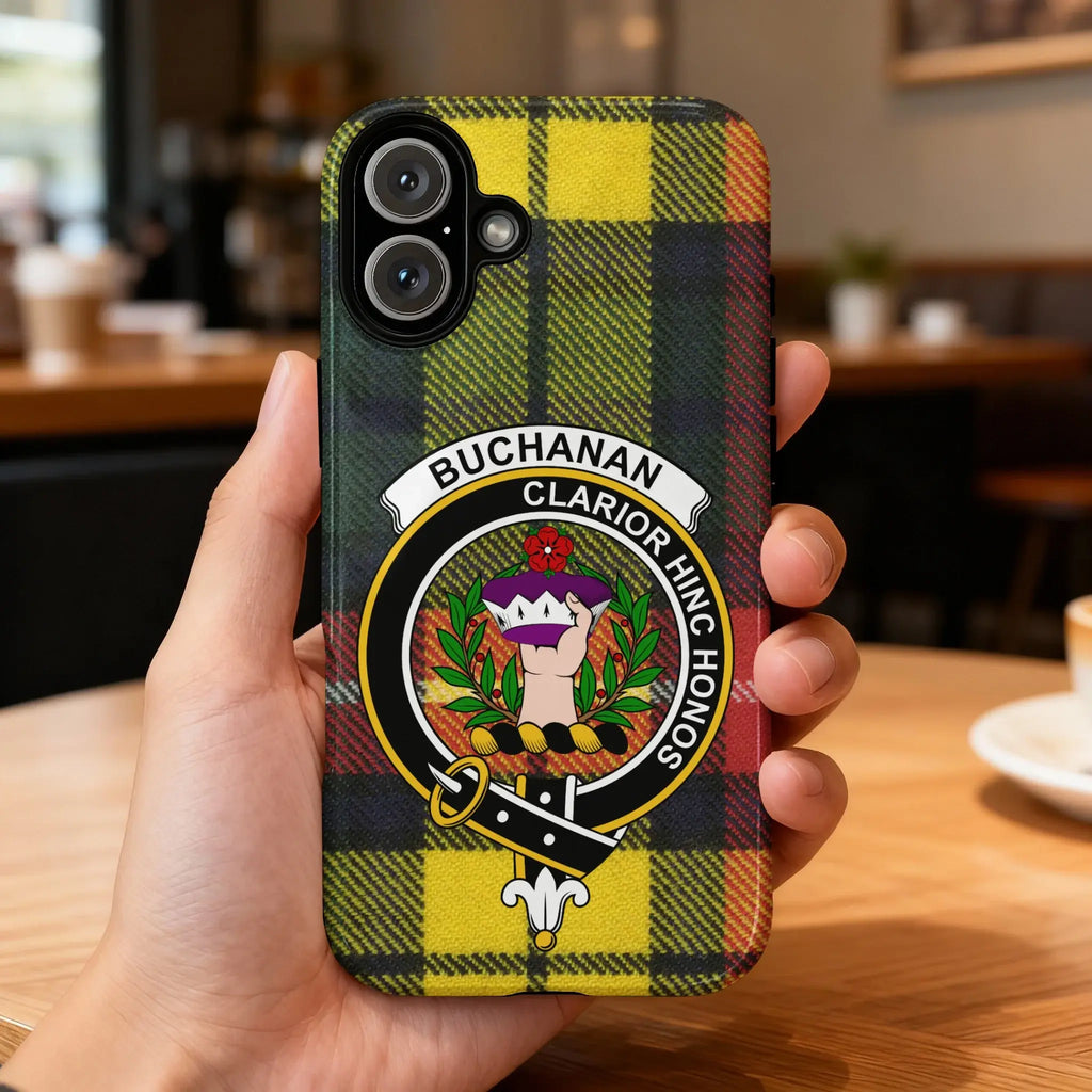Clan Buchanan tartan phone case — glossy finish, Clarior Hinc Honos crest design, front view