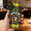 Clan Buchanan tartan phone case — glossy finish, Clarior Hinc Honos crest design, front view