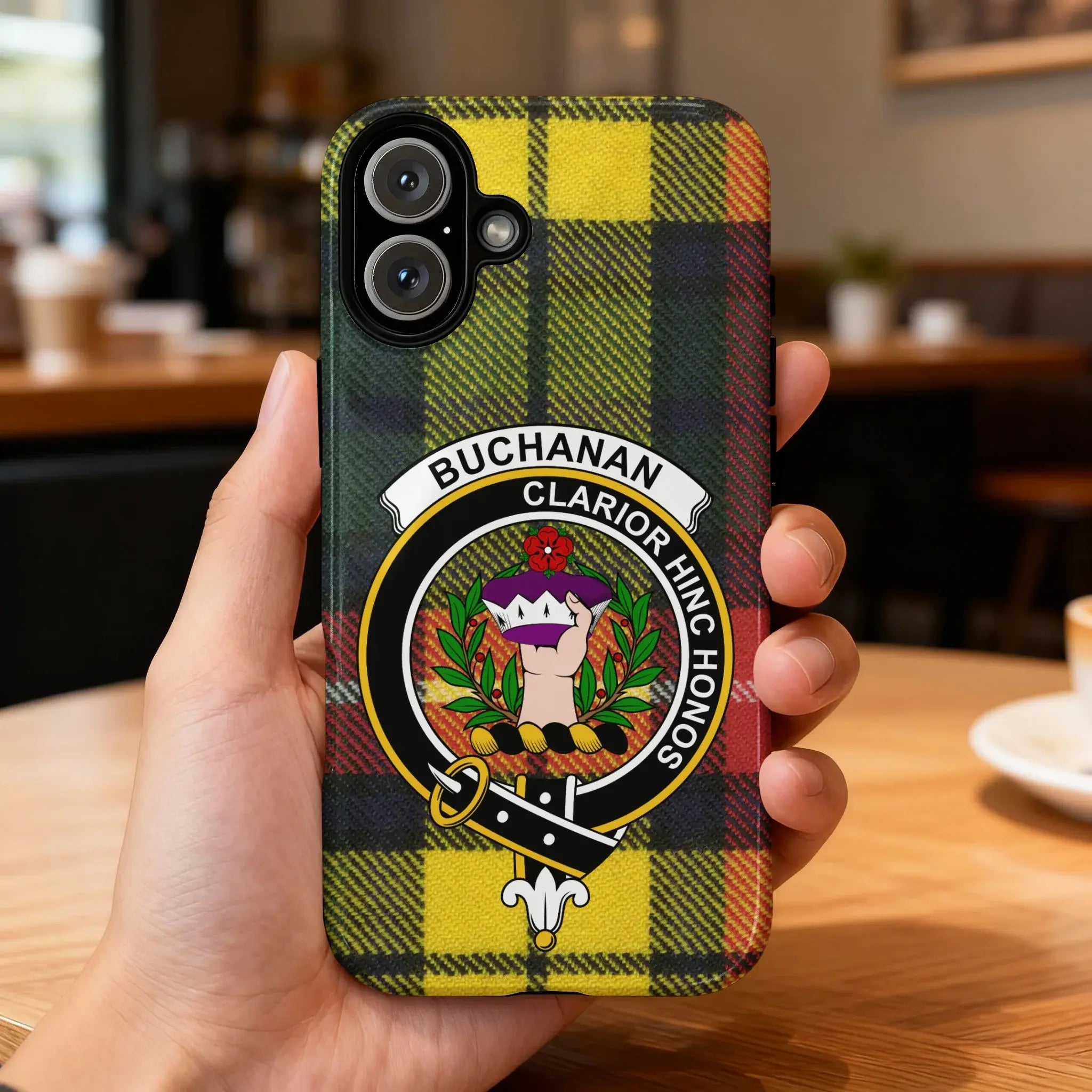 Clan Buchanan tartan phone case — glossy finish, Clarior Hinc Honos crest design, front view