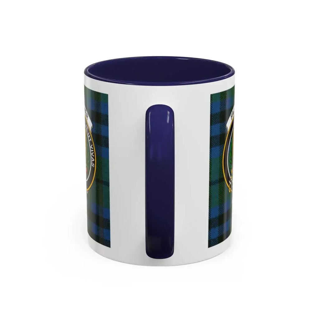 Falconer clan mug lifestyle shot — 15oz ceramic with red handle, morning coffee setting