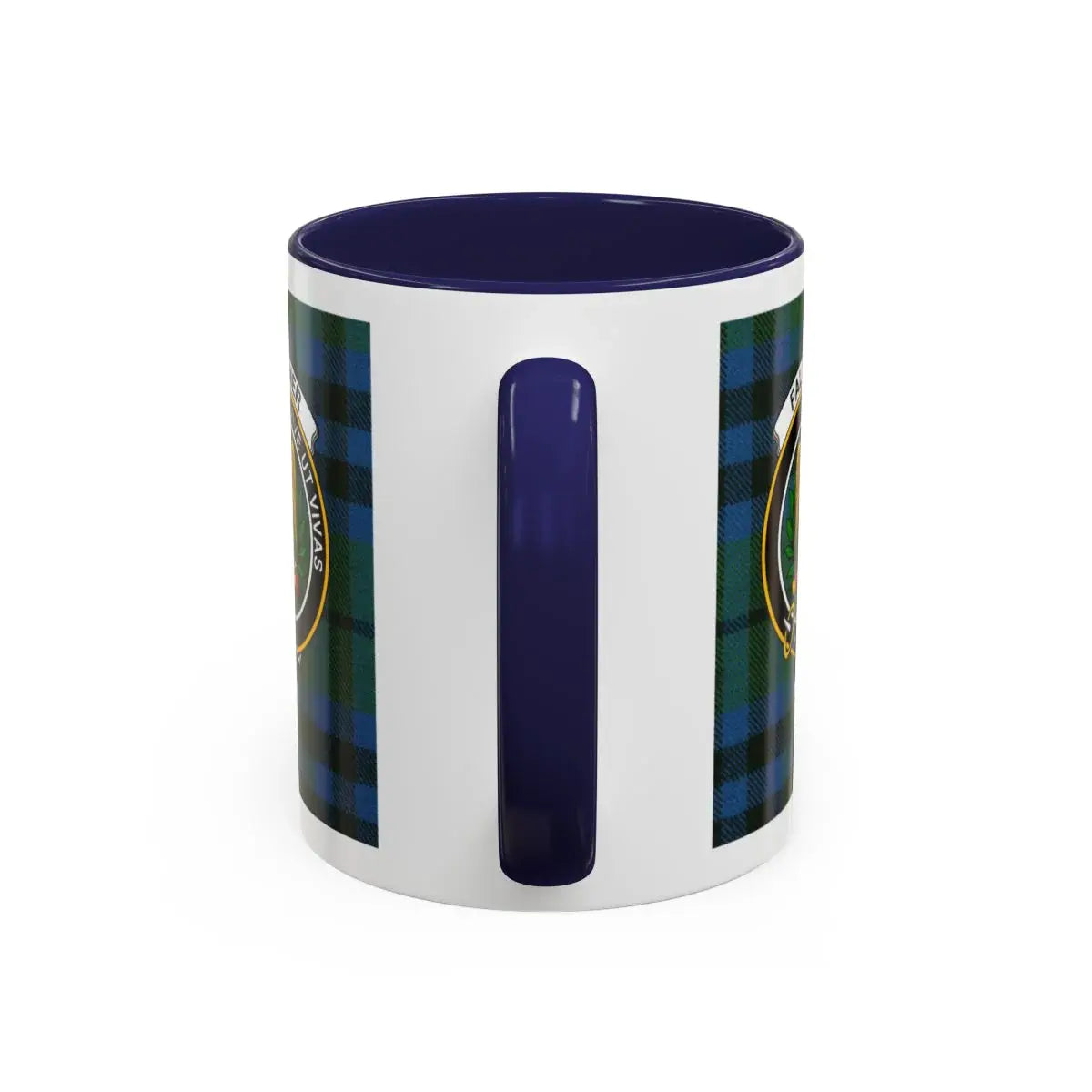 Falconer clan mug lifestyle shot — 15oz ceramic with red handle, morning coffee setting