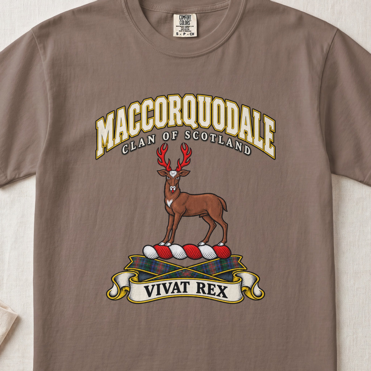 MacCorquodale Scottish clan T-shirt in Espresso, front view with a brown stag with antlers and motto banner.