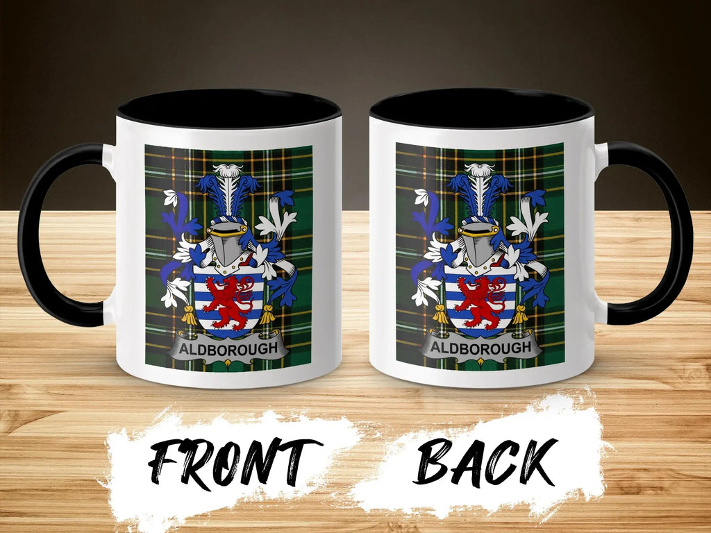 Aldborough family crest on black and white mug, front and back view.