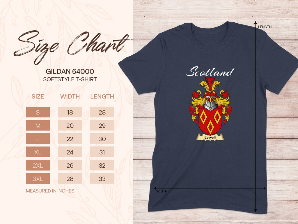 Gildan 64000 size chart for the Lowell unisex T-shirt, sizes S to 3XL