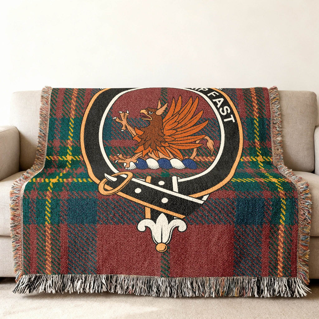Leslie clan crest tartan woven blanket unique design — fringe edges, 100% cotton