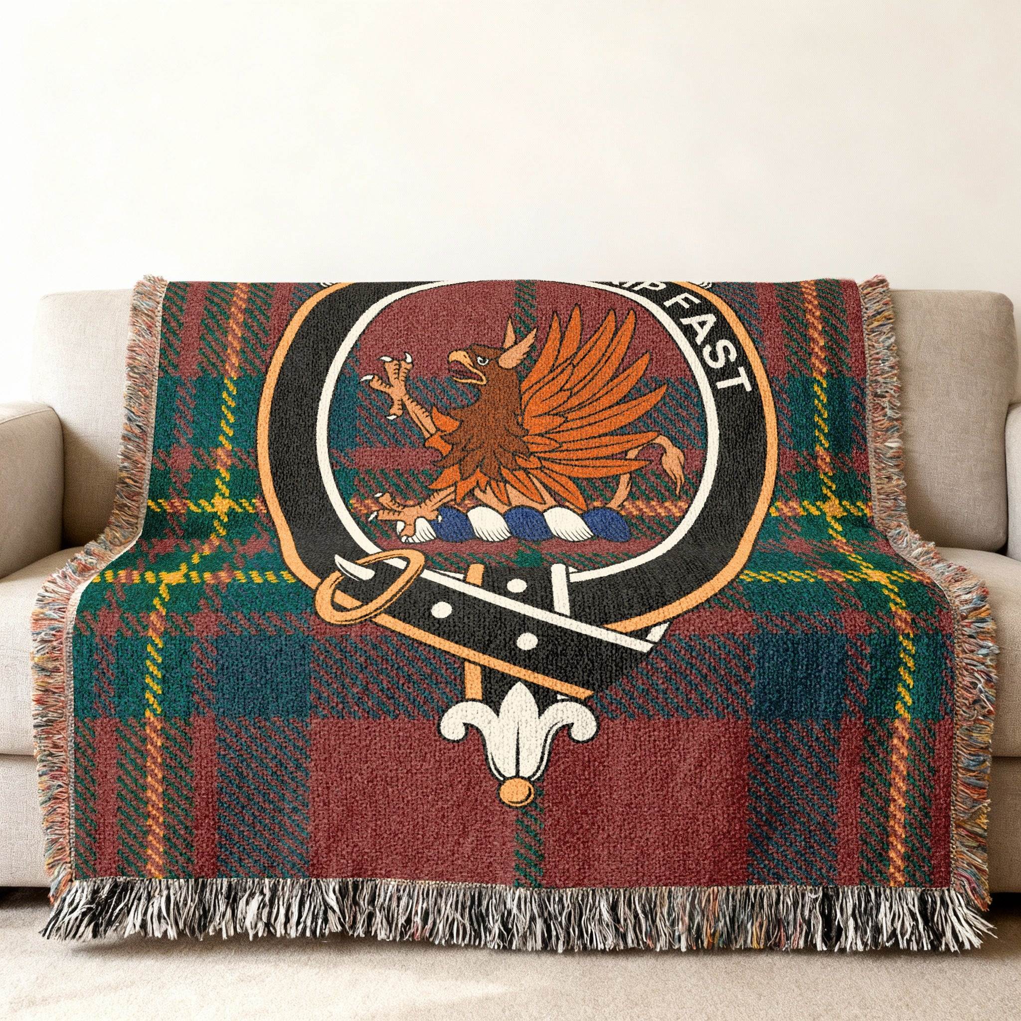 Leslie clan crest tartan woven blanket unique design — fringe edges, 100% cotton