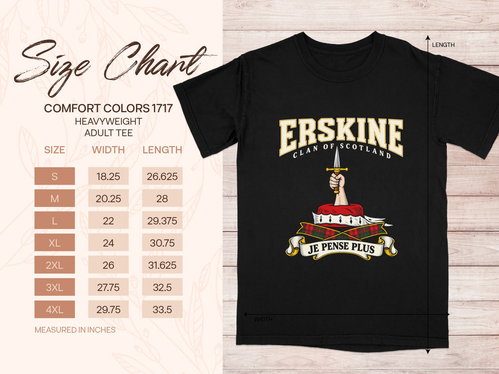 Erskine Comfort Colors 1717 T-shirt size chart with black shirt illustration