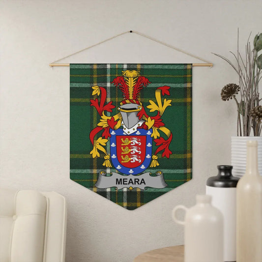 Meara Family Crest on Plaid Pattern Wall Hanging product