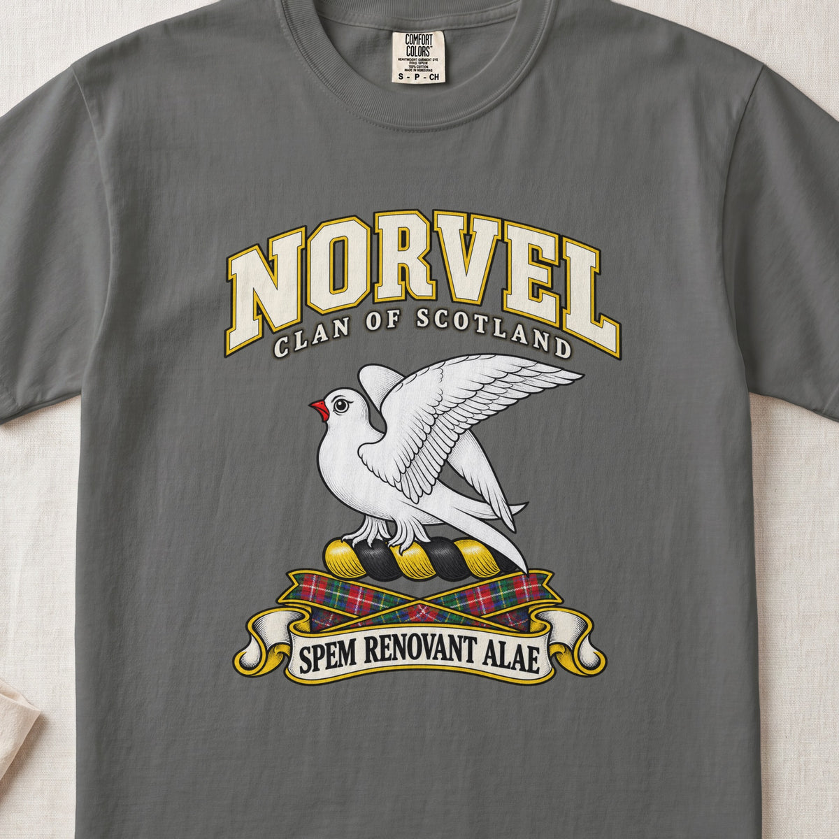 Norvel Scottish clan T-shirt in Pepper, front view with a white bird with raised wings and motto banner.