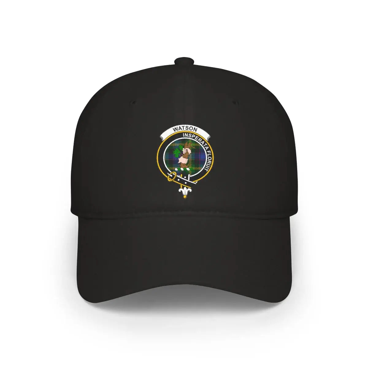 Watson clan crest cap in black — Insperata Floruit motto on the front panel