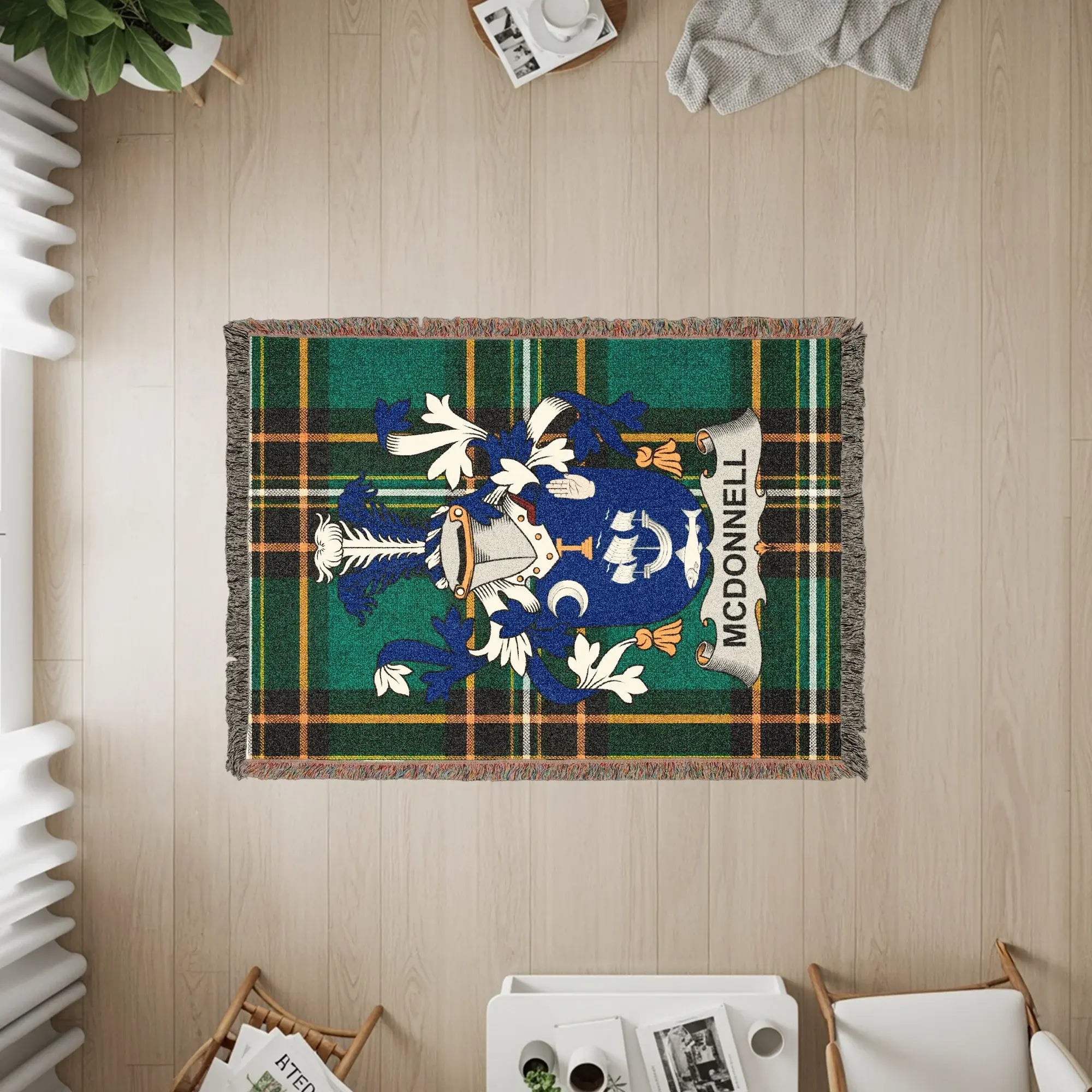 McDonnell clan crest on a tartan plaid throw blanket.