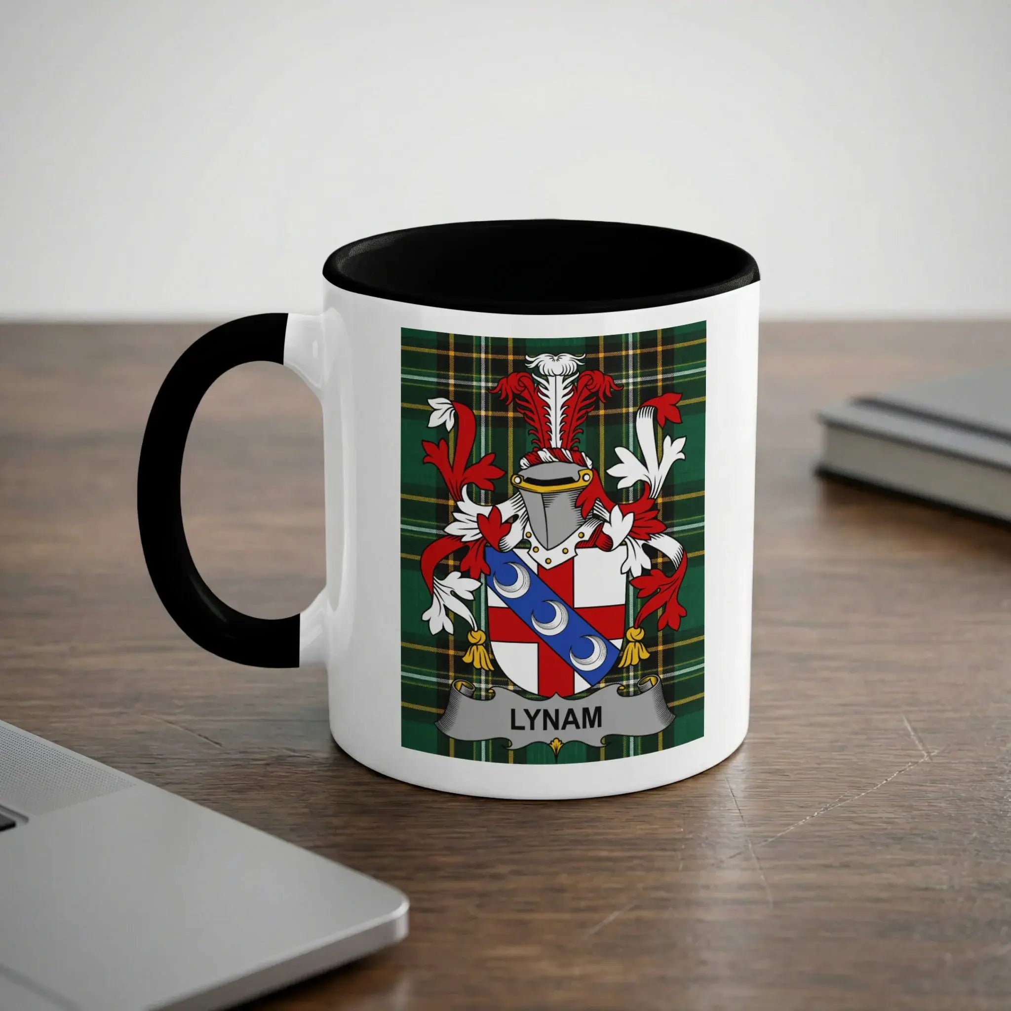Lynam Irish heritage mug with black handle and family crest