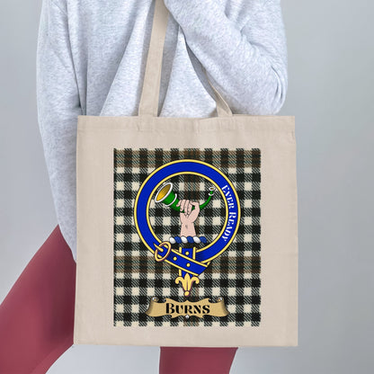 Burns Clan Crest Scottish Tartan Background Tote Bag - Living Stone Gifts