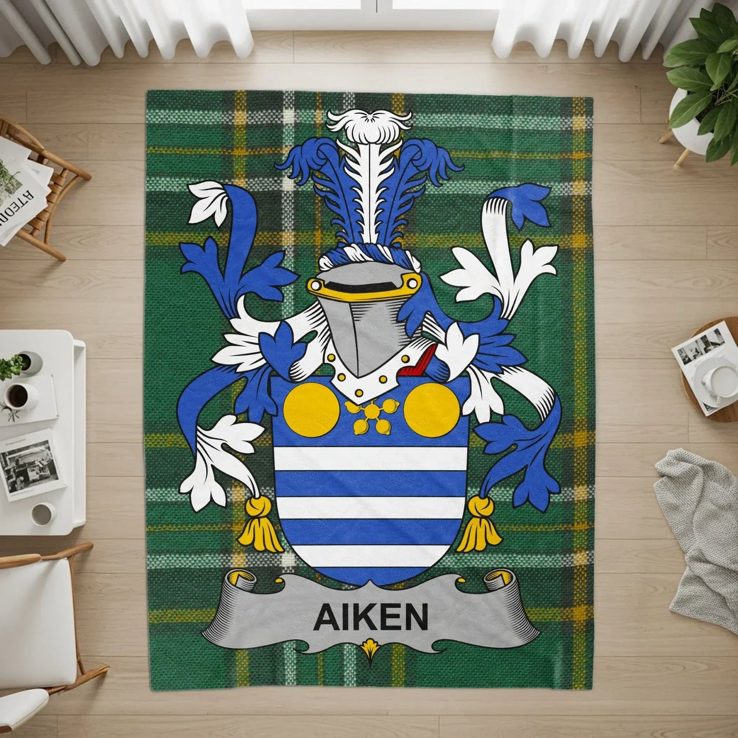 Aiken Family Crest Emblem on Green Tartan product type