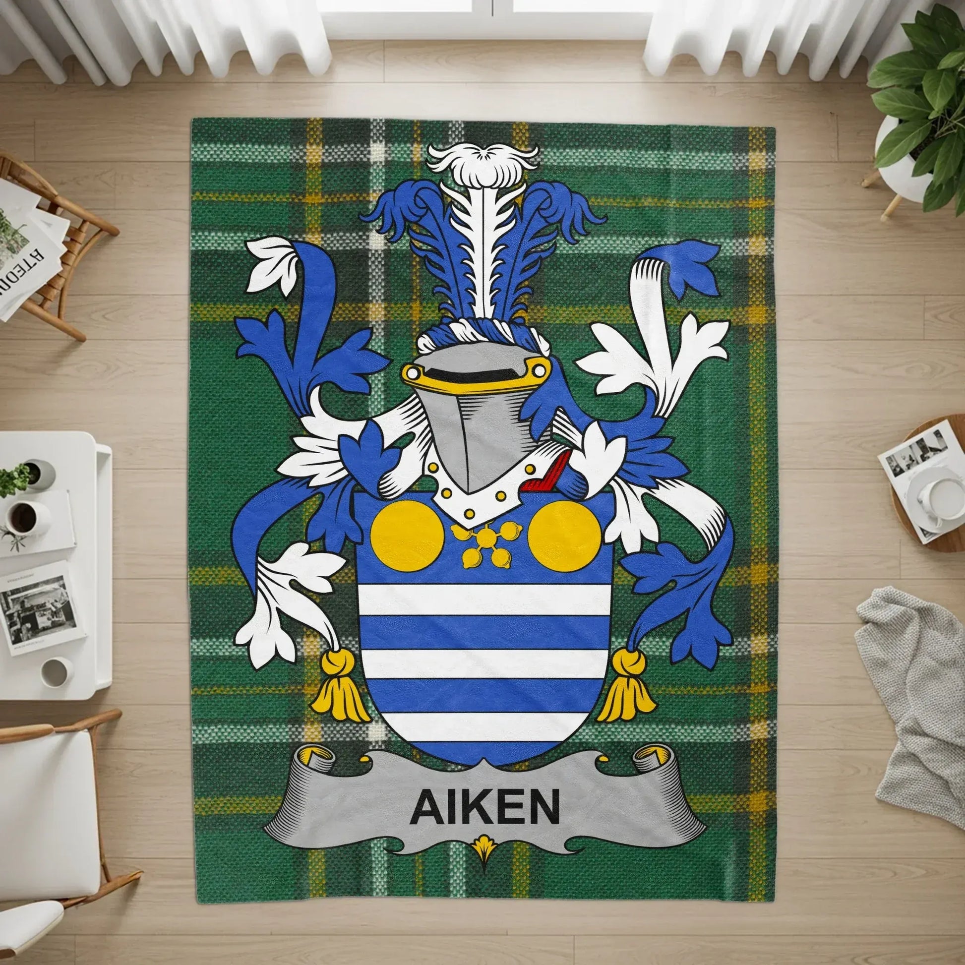 Aiken Family Crest Emblem on Green Tartan product type