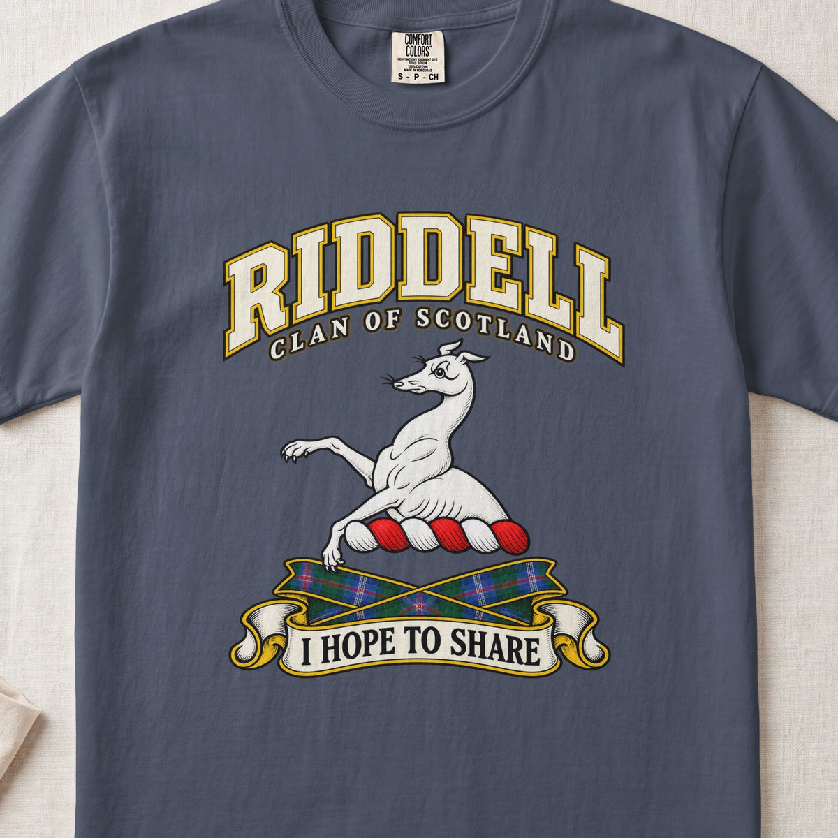 Riddell Scottish clan T-shirt in Midnight, front view with a white greyhound with raised forelegs and motto banner.