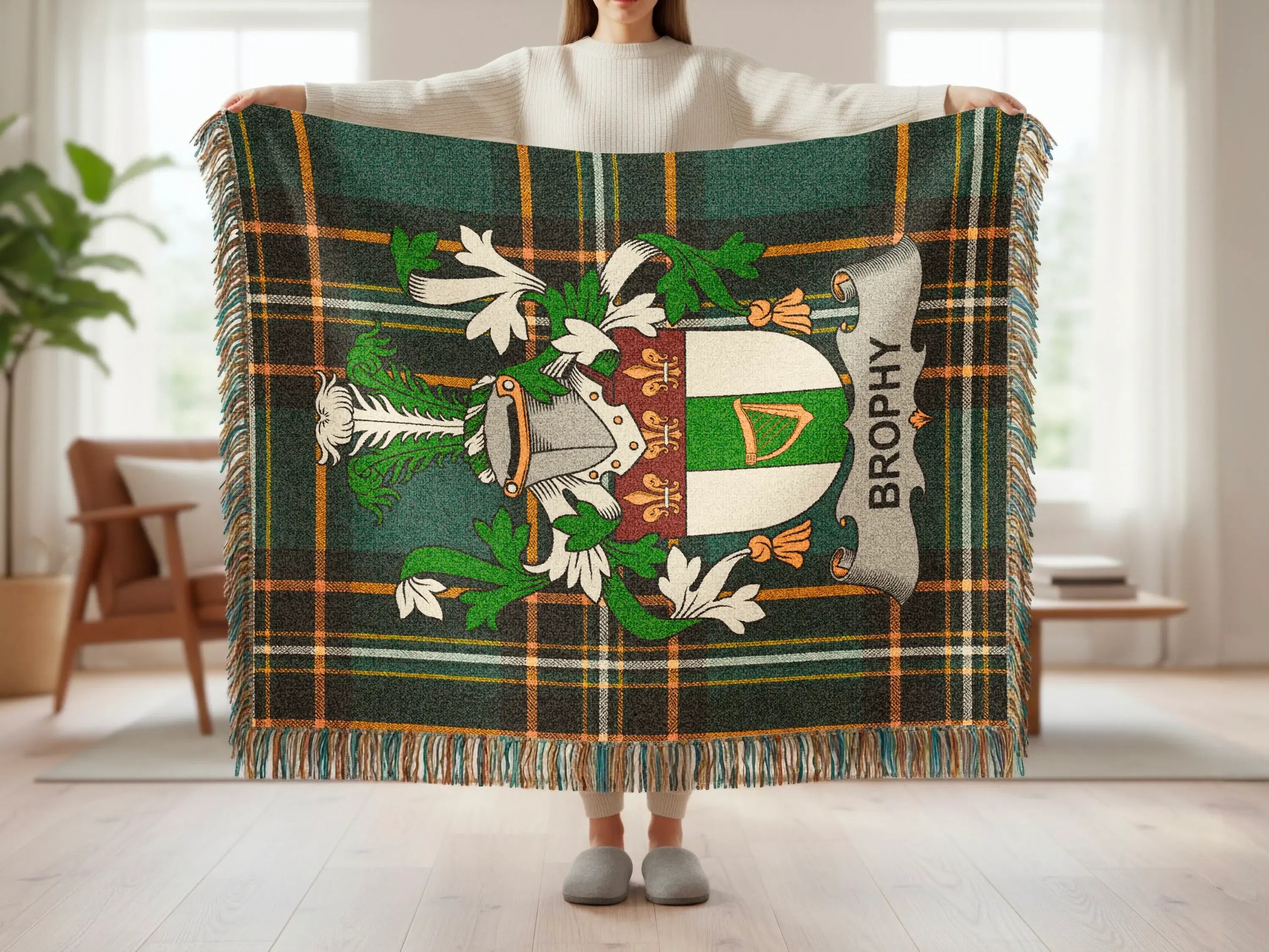 Brophy Family Crest Green Gold Plaid Blanket product type