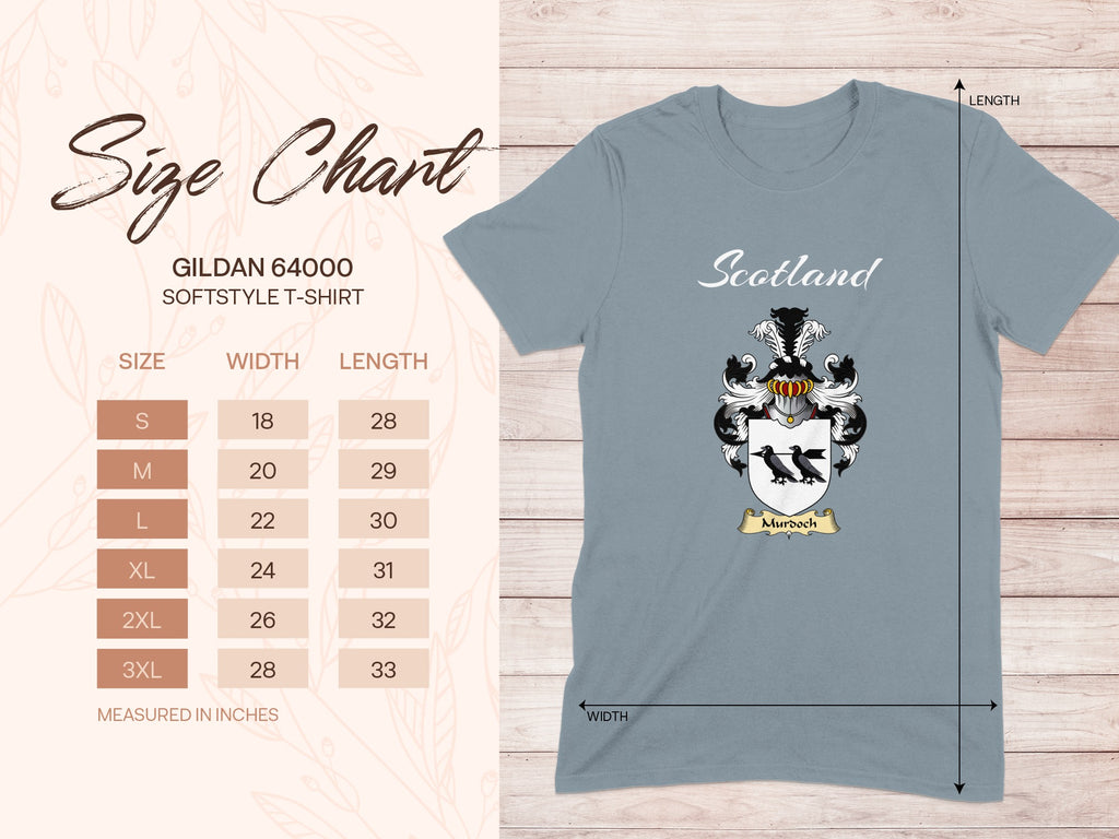Gildan 64000 size chart for Murdoch Scottish family shield T-shirt