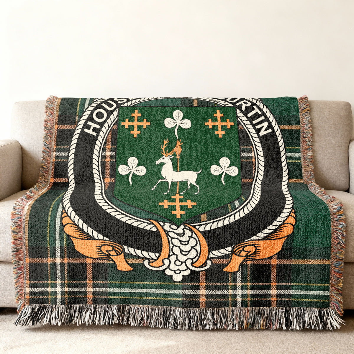 MacCurtin Irish National Tartan woven blanket displayed on a sofa