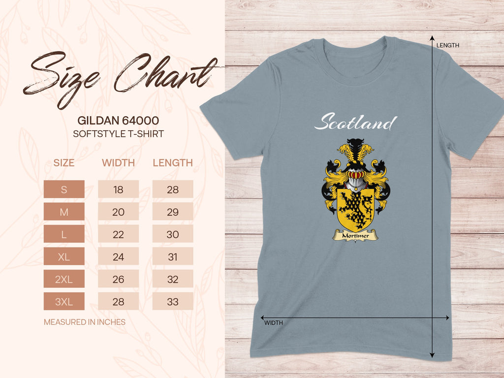 Gildan 64000 size chart for Mortimer Scottish family shield T-shirt