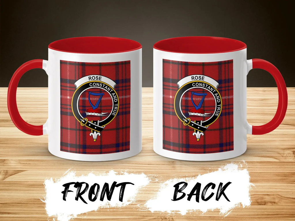 Rose tartan-background crest mug shown as a Scottish heritage gift