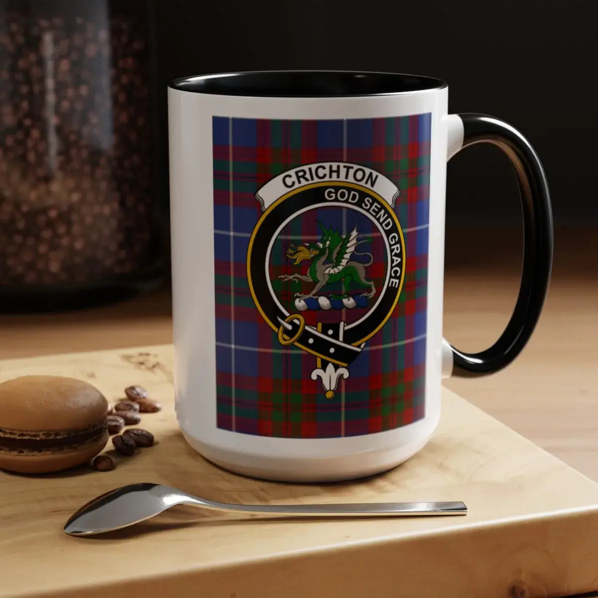 Clan Crichton 15oz accent mug — navy handle, God Send Grace motto visible in print