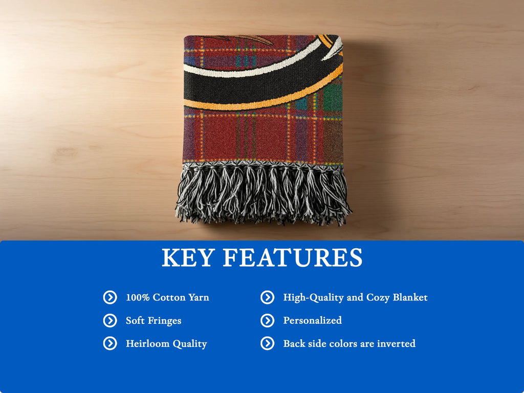 Munro clan woven blanket size comparison — 52x37, 60x50 and 80x60 inch cotton tartan options