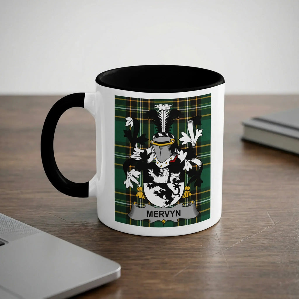 Mervyn Irish heritage mug with black handle and family crest