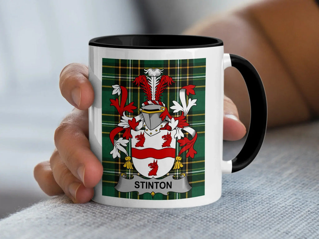Stinton Irish family crest black accent mug on Irish National Tartan