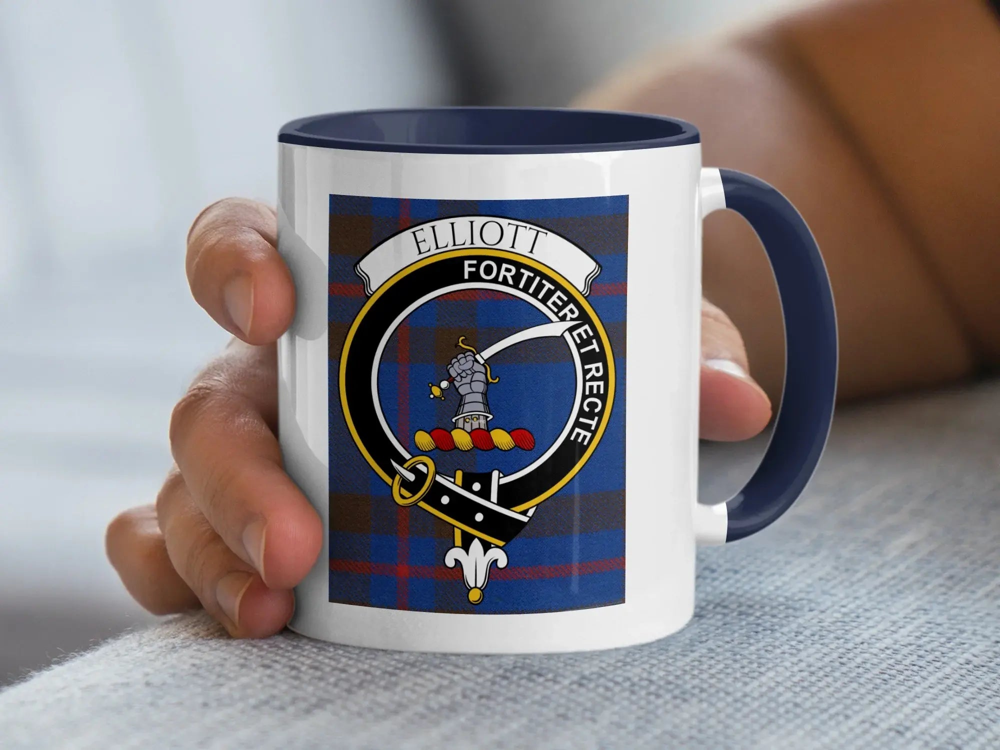 Elliott clan crest accent mug — Fortiter et Recte motto visible on 11oz glossy ceramic