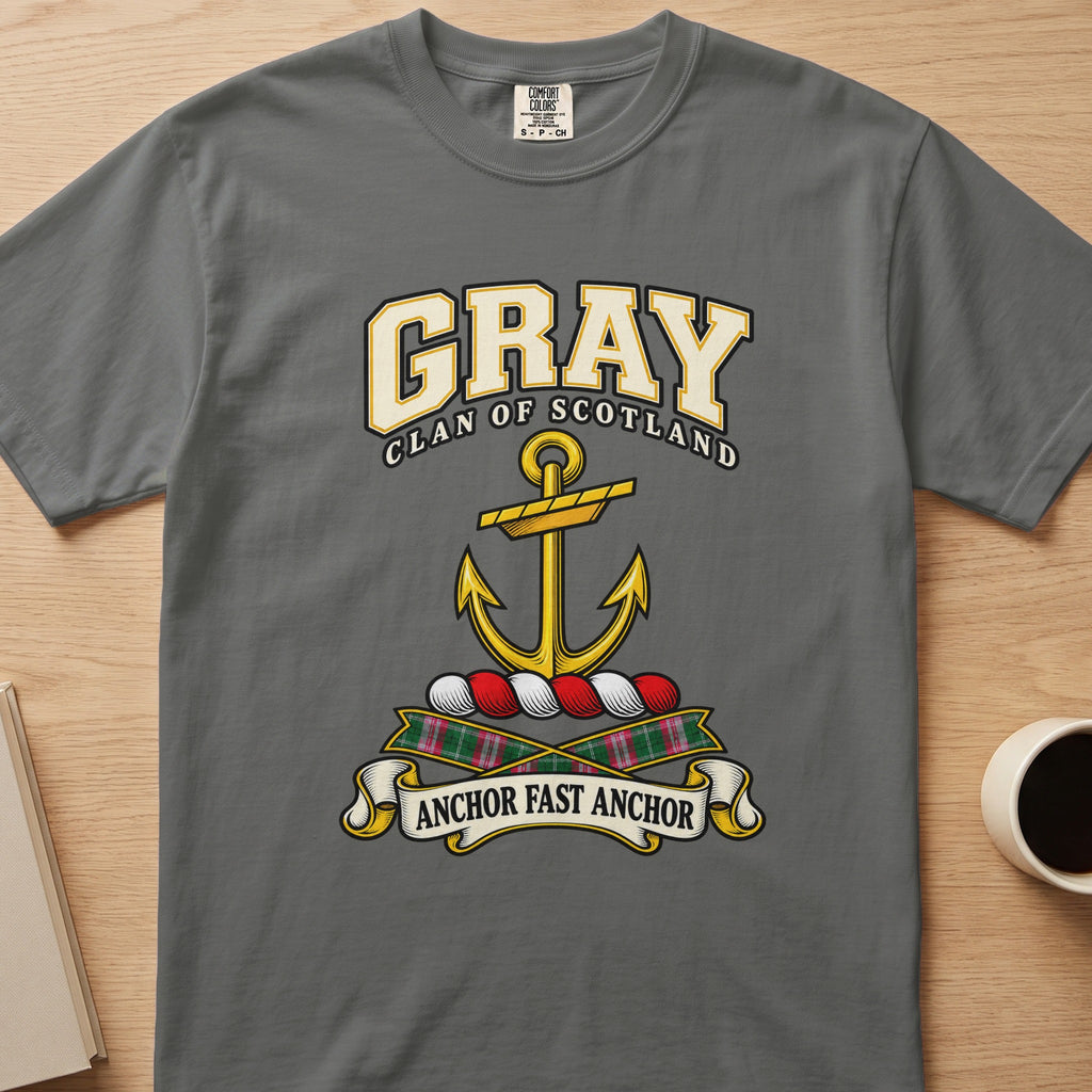 Gray clan crest with gold anchor on a gray Comfort Colors T-shirt, front view