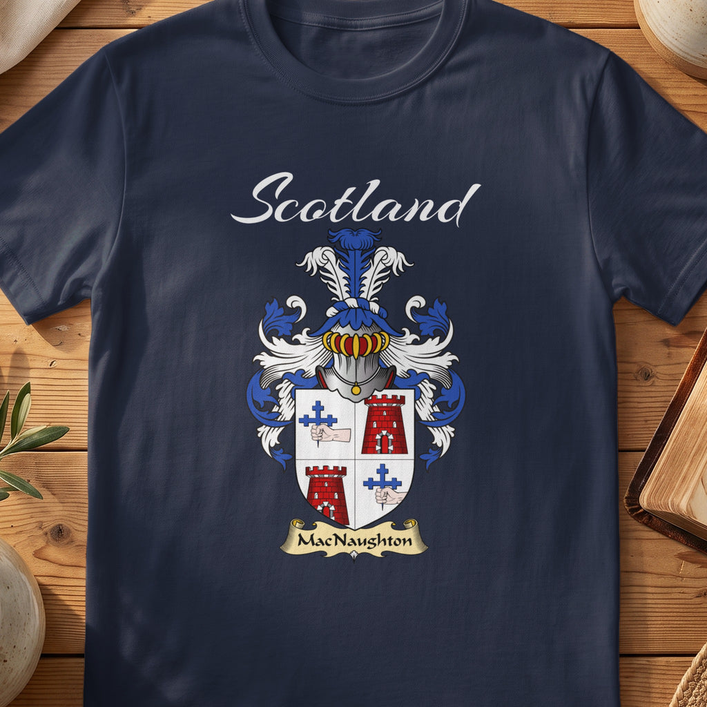 Navy MacNaughton family shield T-shirt featuring a quartered shield with red towers and blue crosses