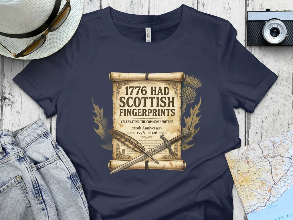 Navy t-shirt with "1776 Had Scottish Fingerprints" celebrating common heritage.
