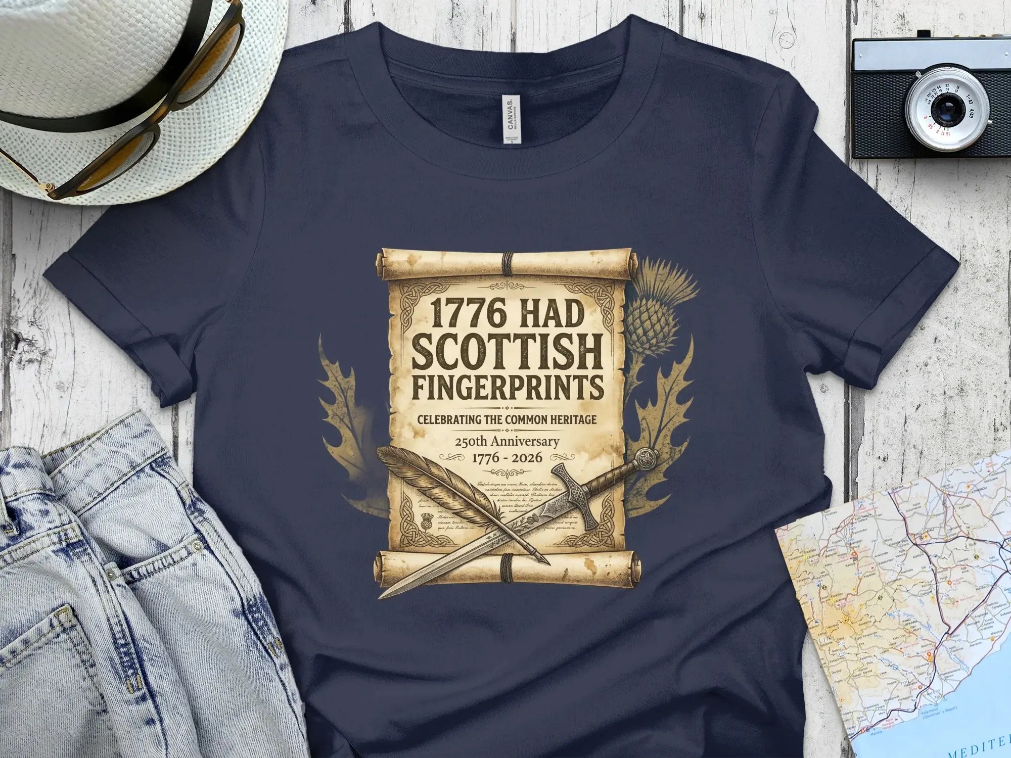 Navy t-shirt with "1776 Had Scottish Fingerprints" celebrating common heritage.
