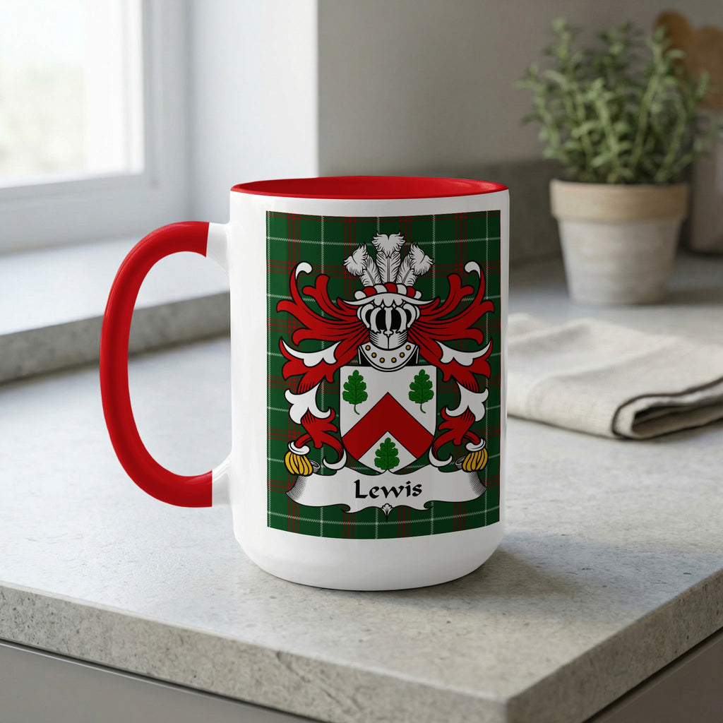 White mug with red handle and interior, displaying a family crest with the name "Lewis".